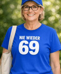 Lustiges T-Shirt „NIE WIEDER 69“ (Blau)