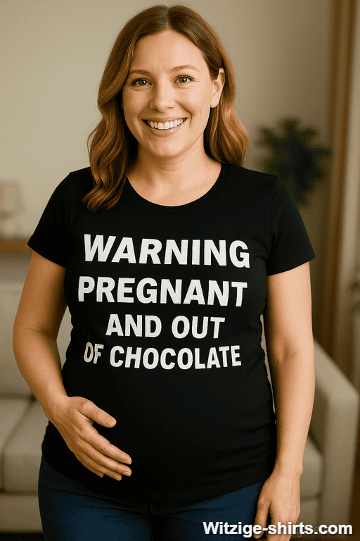 Schwangerschafts T-Shirt Warning Pregnant and out of Chocolate