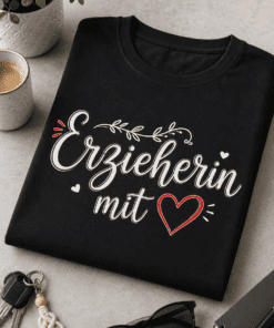 T-Shirt mit dem Spruch Erzieherin mit ❤ in eleganter Schrift mit rotem Herz