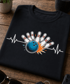 Minimalistisches Bowling EKG Motiv mit Herzschlaglinie, Bowlingball und Pins