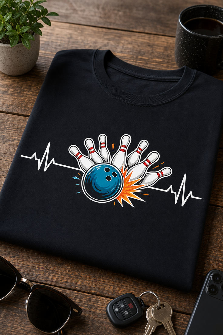 Minimalistisches Bowling EKG Motiv mit Herzschlaglinie, Bowlingball und Pins