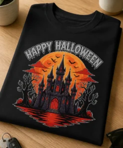 Halloween T-Shirt mit HAPPY HALLOWEEN, Spukschloss, Vollmond und Fledermäusen
