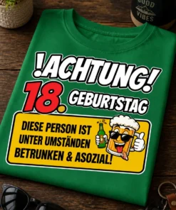 Lustiges T-Shirt zum 18. Geburtstag mit dem Spruch !ACHTUNG! 18. GEBURTSTAG DIESE PERSON IST UNTER UMSTÄNDEN BETRUNKEN & ASOZIAL!