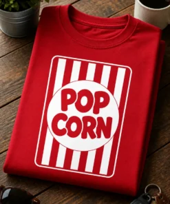 Lustiges T-Shirt für Filmfans mit dem Spruch „POP CORN“ im roten Retro-Popcornbox-Design