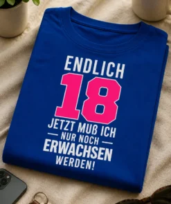 Lustiges T-Shirt zum 18. Geburtstag mit dem Spruch ENDLICH 18 JETZT MUß ICH NUR NOCH ERWACHSEN WERDEN!