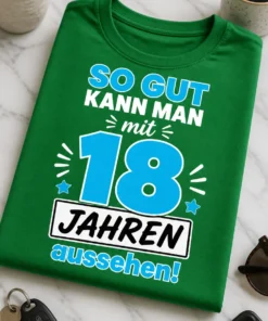 Typografisches Geburtstagsdesign mit dem Spruch SO GUT KANN MAN mit 18 JAHREN aussehen!