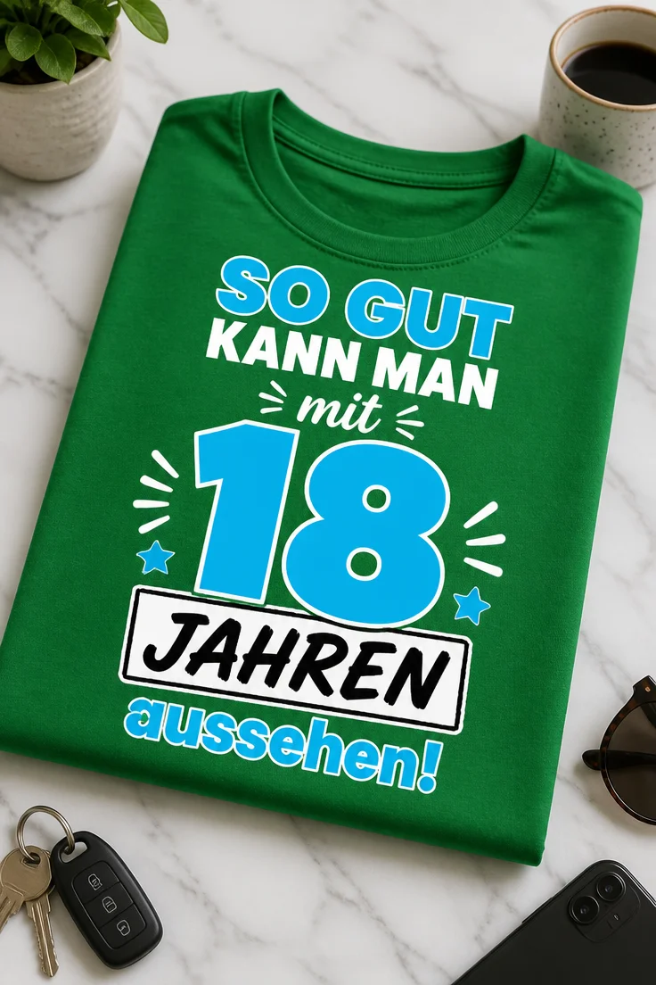 Typografisches Geburtstagsdesign mit dem Spruch SO GUT KANN MAN mit 18 JAHREN aussehen!