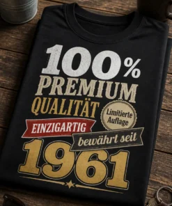 Vintage Typografie-Shirt mit dem Spruch 100% PREMIUM QUALITÄT EINZIGARTIG Limitierte Auflage bewährt seit 1961