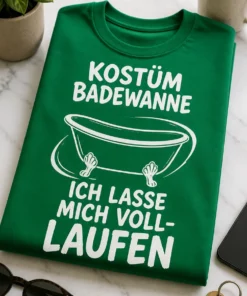 Lustiges T-Shirt mit Badewanne und dem Spruch KOSTÜM BADEWANNE ICH LASSE MICH VOLL-LAUFEN