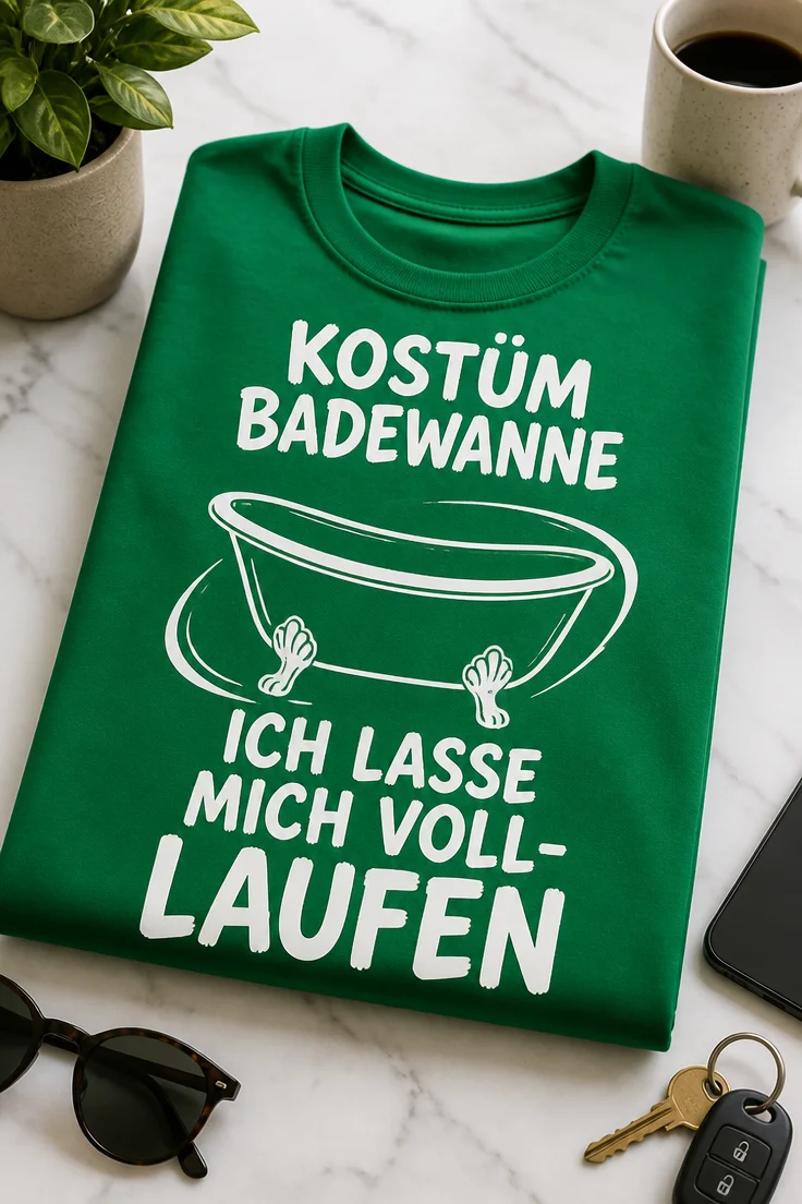 Lustiges T-Shirt mit Badewanne und dem Spruch KOSTÜM BADEWANNE ICH LASSE MICH VOLL-LAUFEN