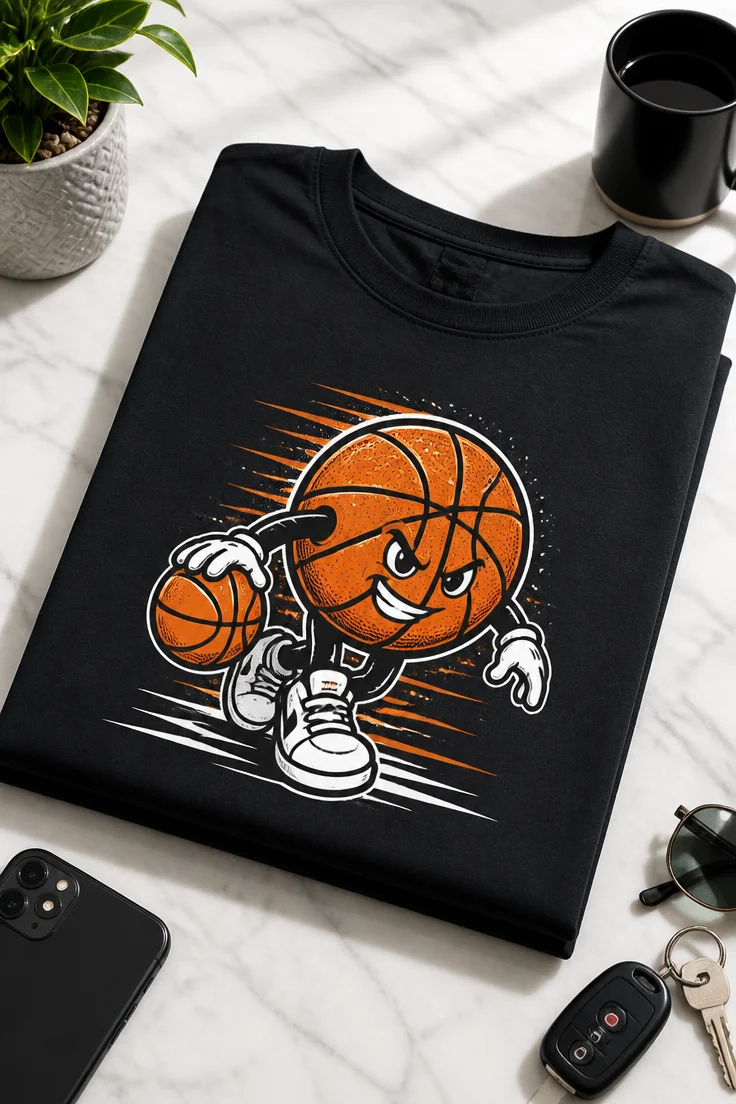 Minimalistisches Basketball Motiv als schwarze Liniengrafik auf T-Shirt