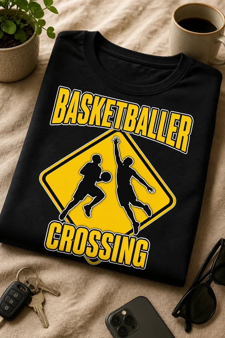 T-Shirt mit dem Spruch BASKETBALLER CROSSING im gelb-schwarzen Warnschild-Design mit zwei Basketballspielern