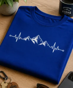 Minimalistisches T-Shirt mit weißer EKG-Linie, die in eine Bergsilhouette übergeht