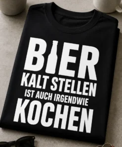 Lustiges T-Shirt mit dem Spruch BIER KALT STELLEN IST AUCH IRGENDWIE KOCHEN in weißer Typografie
