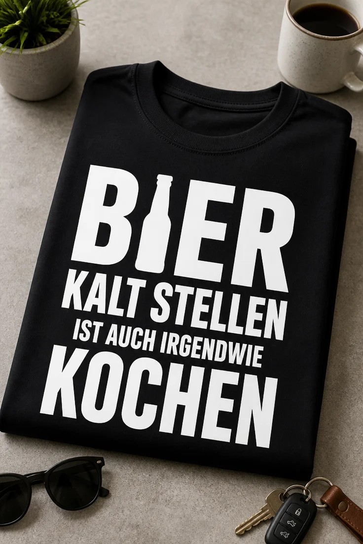 Lustiges T-Shirt mit dem Spruch BIER KALT STELLEN IST AUCH IRGENDWIE KOCHEN in weißer Typografie