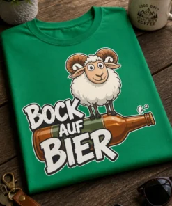 Lustiges T-Shirt für Bierfans mit dem Spruch BOCK AUF BIER und einem Bock auf einer Bierflasche