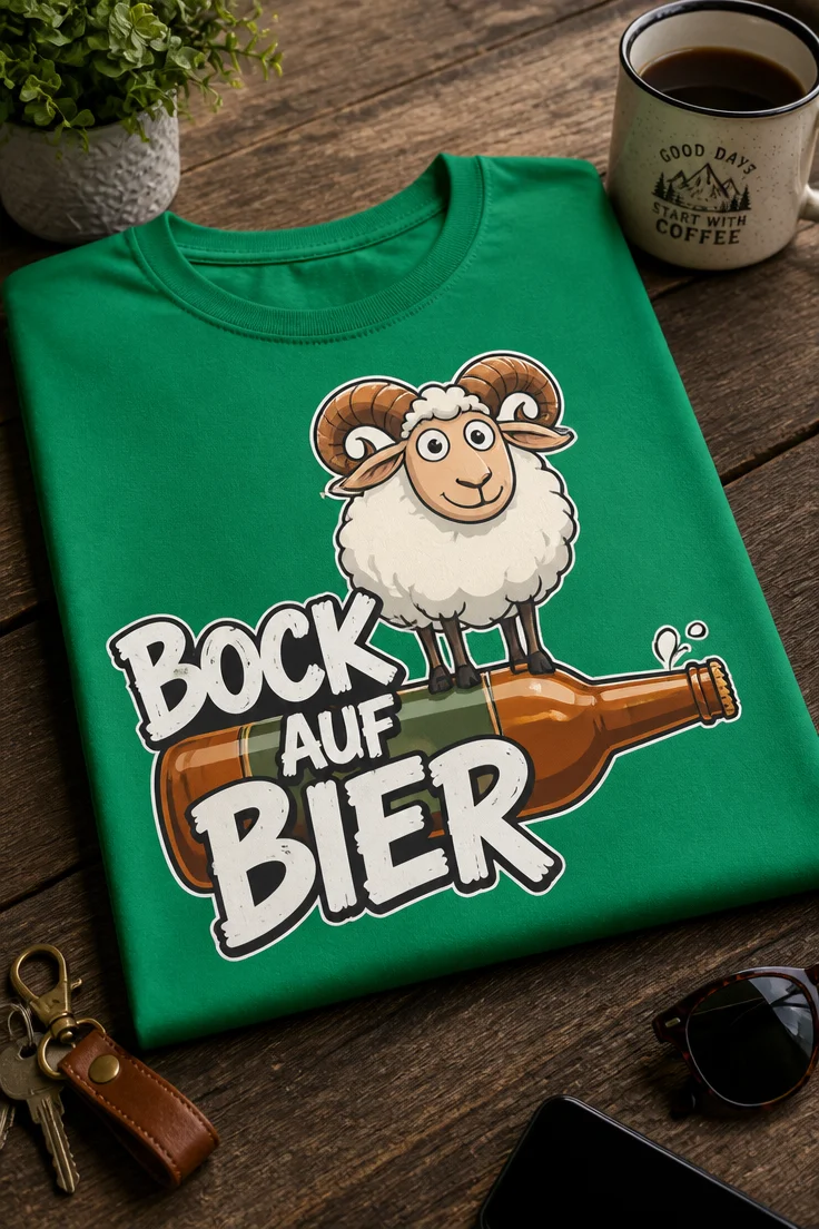 Lustiges T-Shirt für Bierfans mit dem Spruch BOCK AUF BIER und einem Bock auf einer Bierflasche