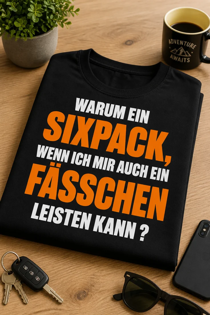 Lustiges T-Shirt mit dem Spruch WARUM EIN SIXPACK, WENN ICH MIR AUCH EIN FÄSSCHEN LEISTEN KANN ?