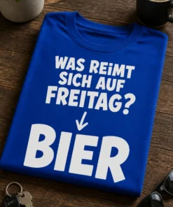 Lustiges T-Shirt für Bierfans mit dem Spruch WAS REIMT SICH AUF FREITAG? BIER