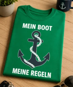 Lustiges T-Shirt für Bootsbesitzer mit dem Spruch „MEIN BOOT MEINE REGELN“ und Anker-Motiv
