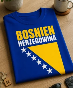 T-Shirt mit BOSNIEN HERZEGOWINA Schriftzug im Stil der Flagge von Bosnien und Herzegowina