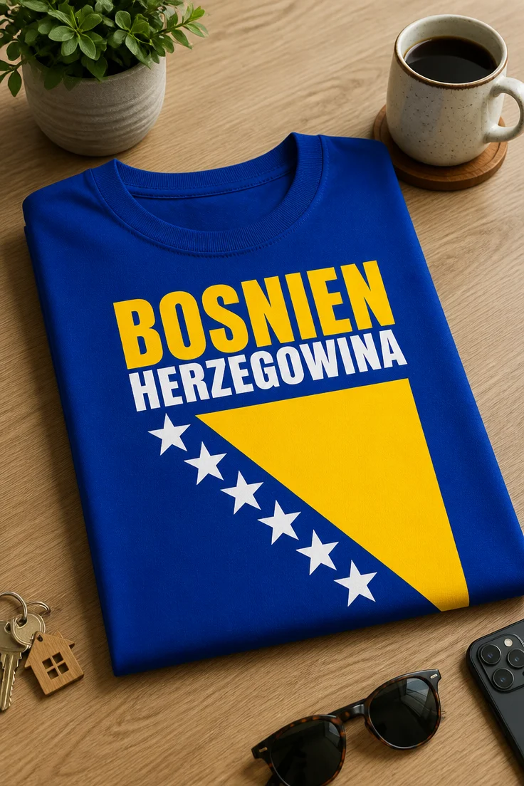 T-Shirt mit BOSNIEN HERZEGOWINA Schriftzug im Stil der Flagge von Bosnien und Herzegowina