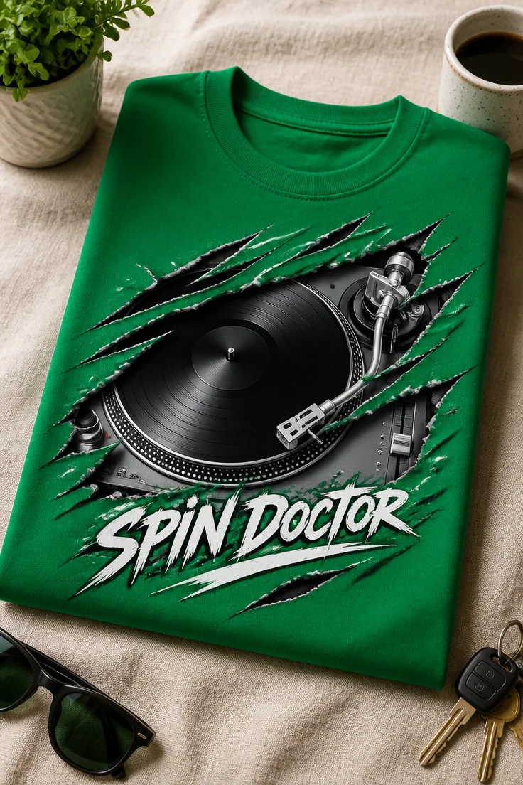 DJ Plattenspieler in realistischer Riss-Optik als monochromes T-Shirt Motiv