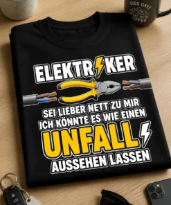 Lustiges Elektriker T-Shirt mit dem Spruch ELEKTR⚡KER SEI LIEBER NETT ZU MIR ICH KÖNNTE ES WIE EINEN UNFALL AUSSEHEN LASSEN
