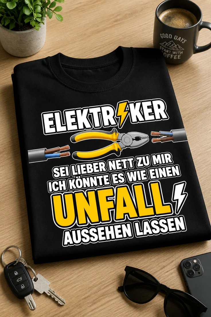 Lustiges Elektriker T-Shirt mit dem Spruch ELEKTR⚡KER SEI LIEBER NETT ZU MIR ICH KÖNNTE ES WIE EINEN UNFALL AUSSEHEN LASSEN