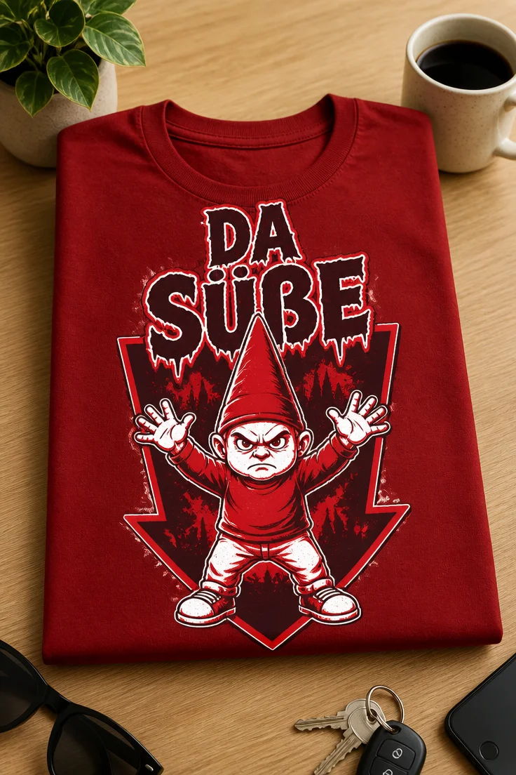 T-Shirt mit dem Spruch „DA SÜẞE“ und wütender kleiner Figur im Horror-Stil