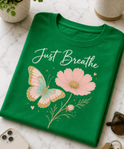 Lustiges T-Shirt für entspannte Frauen mit Just Breathe und zartem Schmetterling-Blumen-Motiv