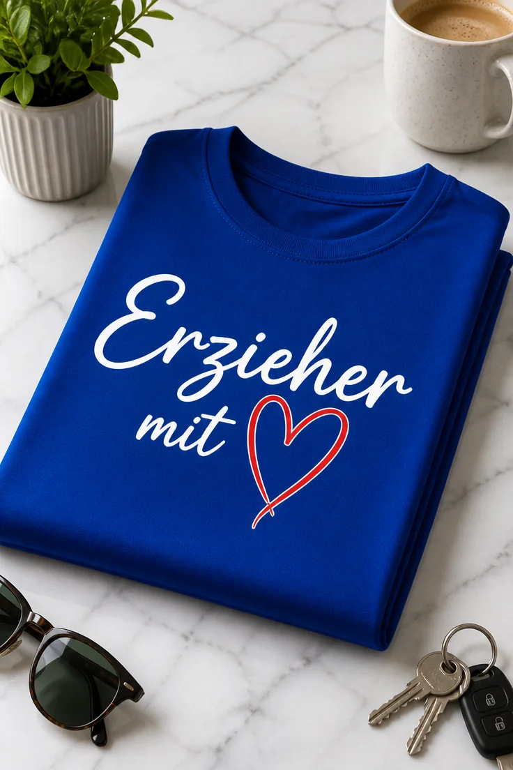 Minimalistisches Erzieher T-Shirt mit weißem Schriftzug und rotem Herz