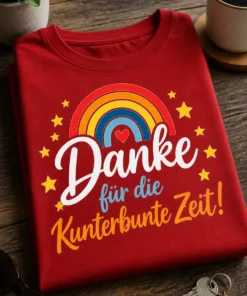 T-Shirt mit Regenbogen, Herz, Sternen und dem Spruch „Danke für die Kunterbunte Zeit!“