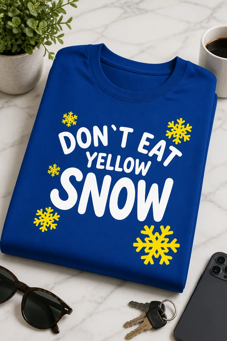 T-Shirt mit dem Spruch DON`T EAT YELLOW SNOW und gelben Schneeflocken