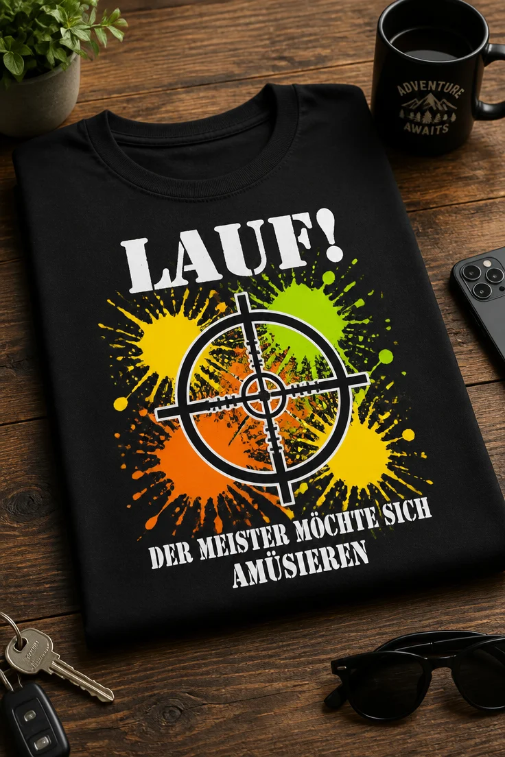 T-Shirt mit Spruch LAUF! DER MEISTER MÖCHTE SICH AMÜSIEREN und Zielscheiben-Motiv