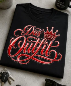 Lustiges T-Shirt mit dem Spruch Das Outfit in roter dekorativer Schrift mit Krone