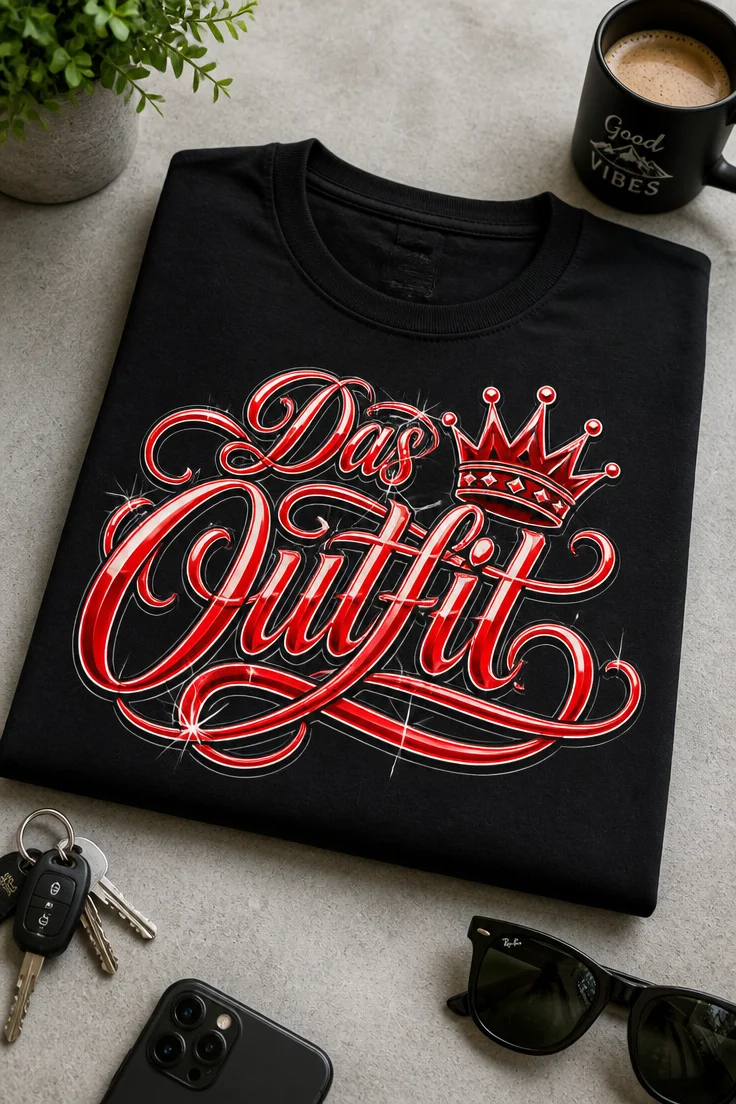 Lustiges T-Shirt mit dem Spruch Das Outfit in roter dekorativer Schrift mit Krone