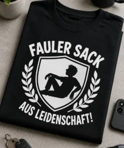 Lustiges T-Shirt mit dem Spruch „FAULER SACK AUS LEIDENSCHAFT!“ im Wappen-Design