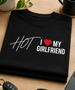 Schwarzes T-Shirt mit dem Spruch HOT I ❤ MY GIRLFRIEND in weißer Typografie und rotem Herz