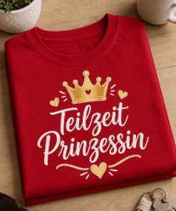 T-Shirt mit goldener Krone, kleinen Herzen und dem Spruch „Teilzeit Prinzessin“ in eleganter Handschrift