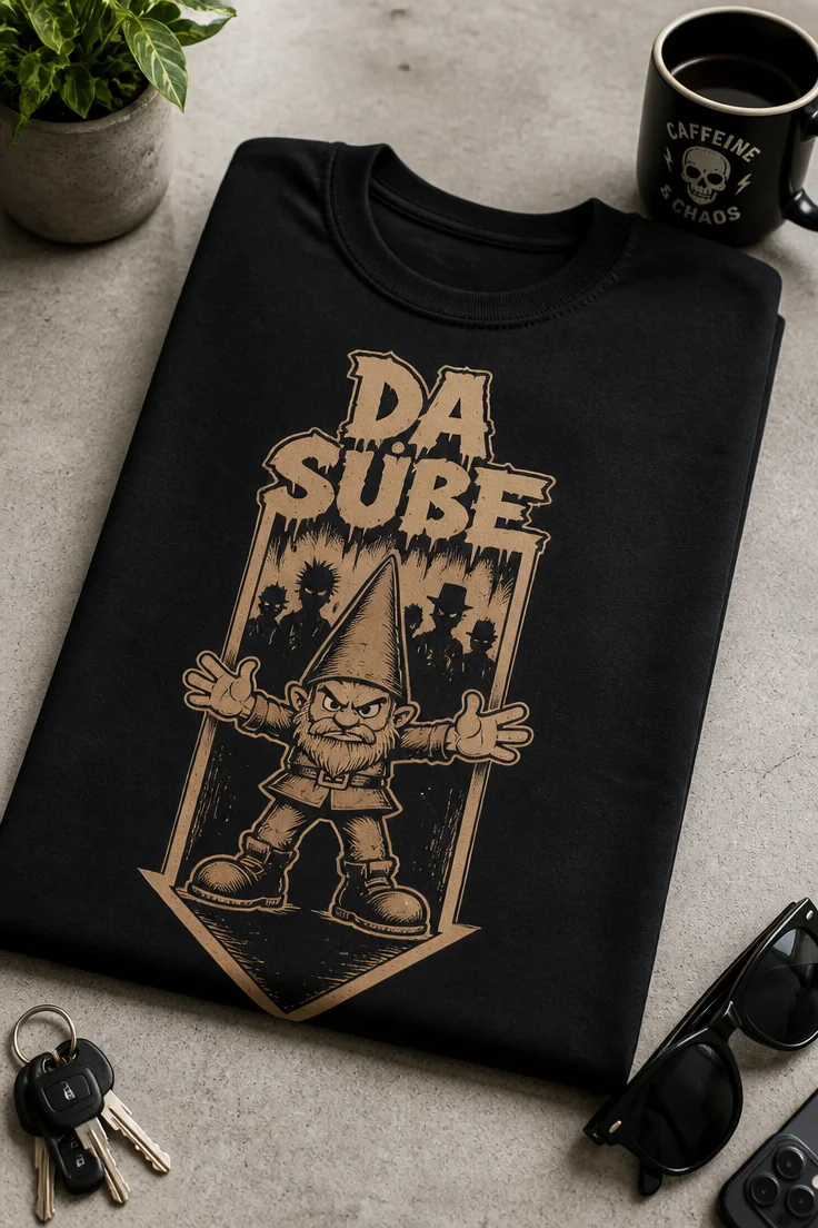 T-Shirt mit dem Spruch „DA SÜßE“ und grimmigem kleinen Charakter im rauen Cartoon-Stil