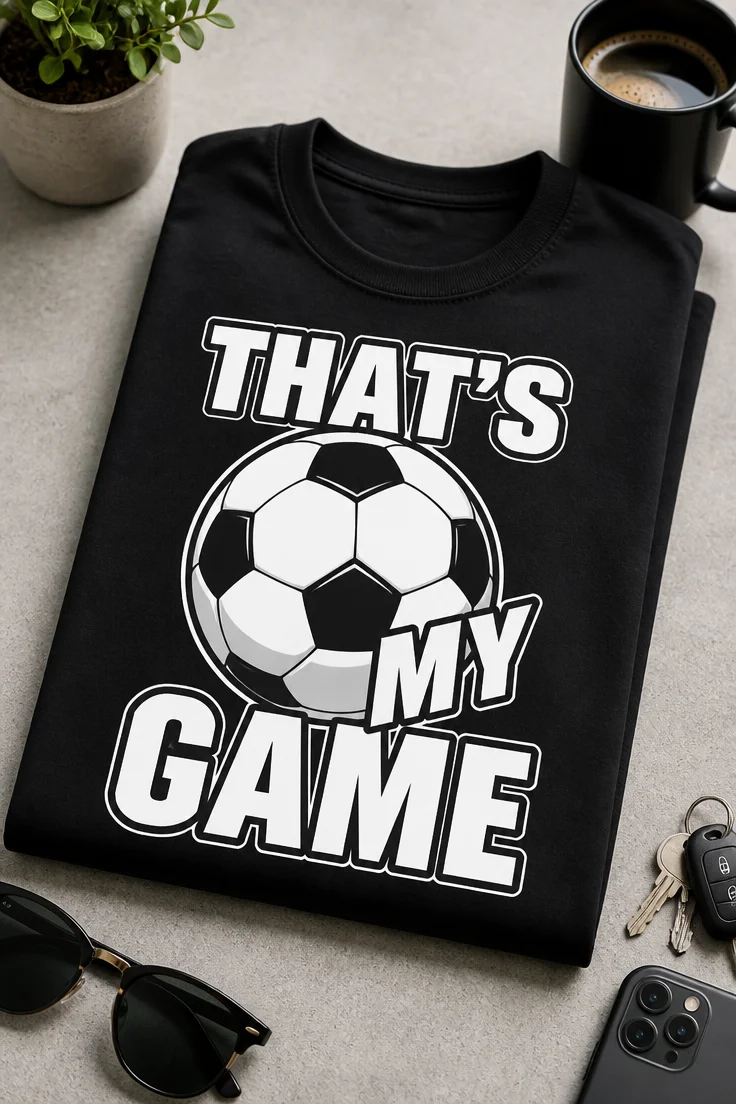 Lustiges T-Shirt für Fußballfans mit dem Spruch THAT'S MY GAME und Fußballmotiv