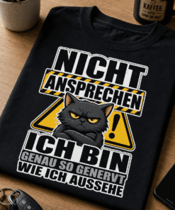 Lustiges T-Shirt mit dem Spruch NICHT ANSPRECHEN ICH BIN GENAU SO GENERVT WIE ICH AUSSEHE im Warnschild-Stil