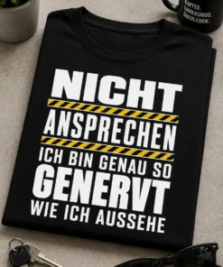 T-Shirt mit dem Spruch NICHT ANSPRECHEN ICH BIN GENAU SO GENERVT WIE ICH AUSSEHE im Warnschild-Stil