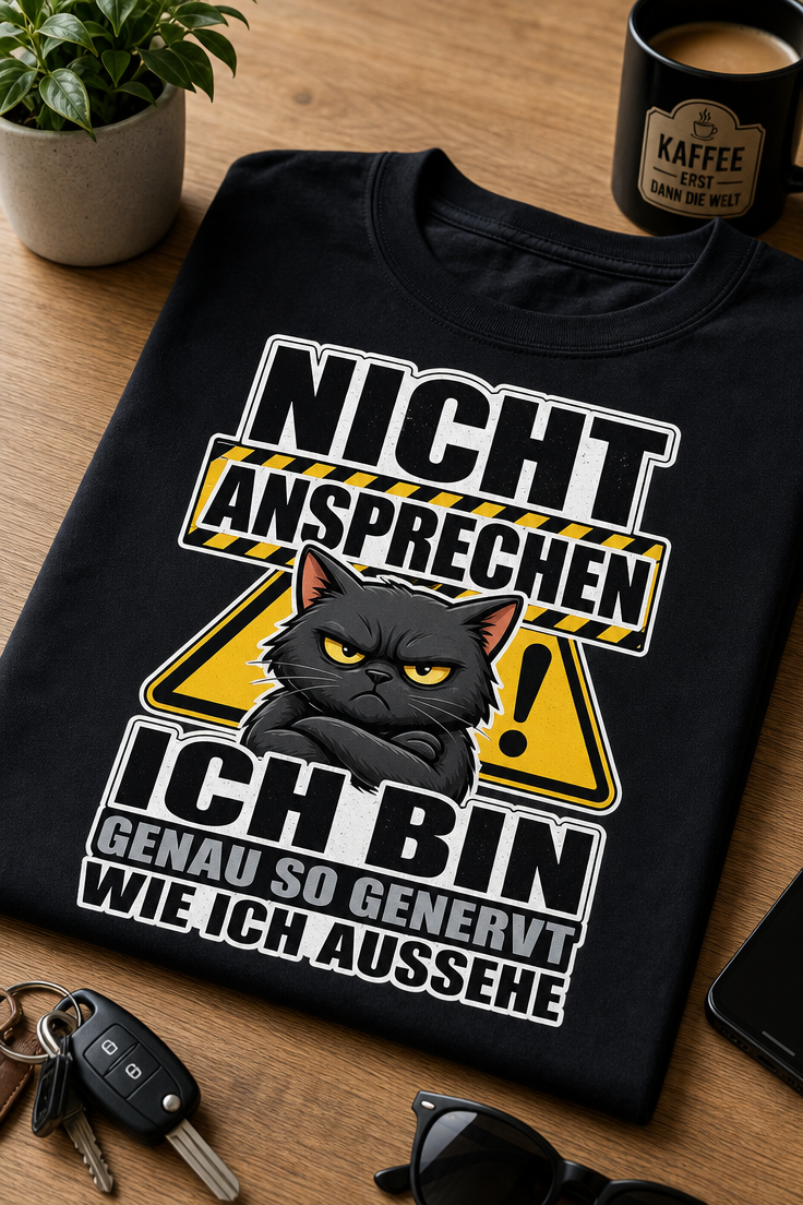 Lustiges T-Shirt mit dem Spruch NICHT ANSPRECHEN ICH BIN GENAU SO GENERVT WIE ICH AUSSEHE im Warnschild-Stil
