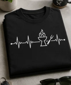 Minimalistisches Herzschlag Motiv mit Grill und Grillgabel für Grillfans