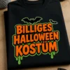 Lustiges Halloween T-Shirt mit dem Spruch BILLIGES HALLOWEEN KOSTÜM in gruseliger Schrift mit Fledermäusen