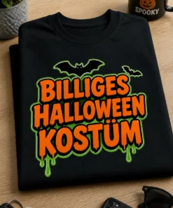 Lustiges Halloween T-Shirt mit dem Spruch BILLIGES HALLOWEEN KOSTÜM in gruseliger Schrift mit Fledermäusen