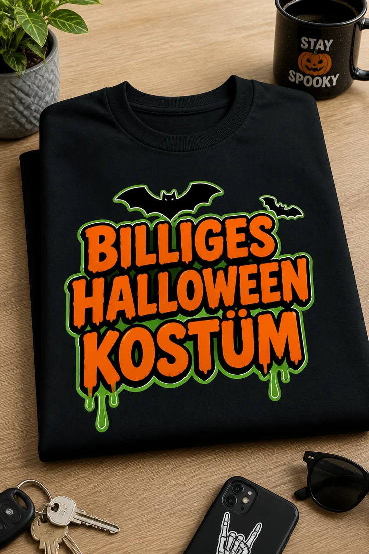Lustiges Halloween T-Shirt mit dem Spruch BILLIGES HALLOWEEN KOSTÜM in gruseliger Schrift mit Fledermäusen
