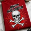 Halloween-T-Shirt mit dem Spruch HAPPY HALLOWEEN, Totenkopf, gekreuzten Knochen und rotem Blutspritzer